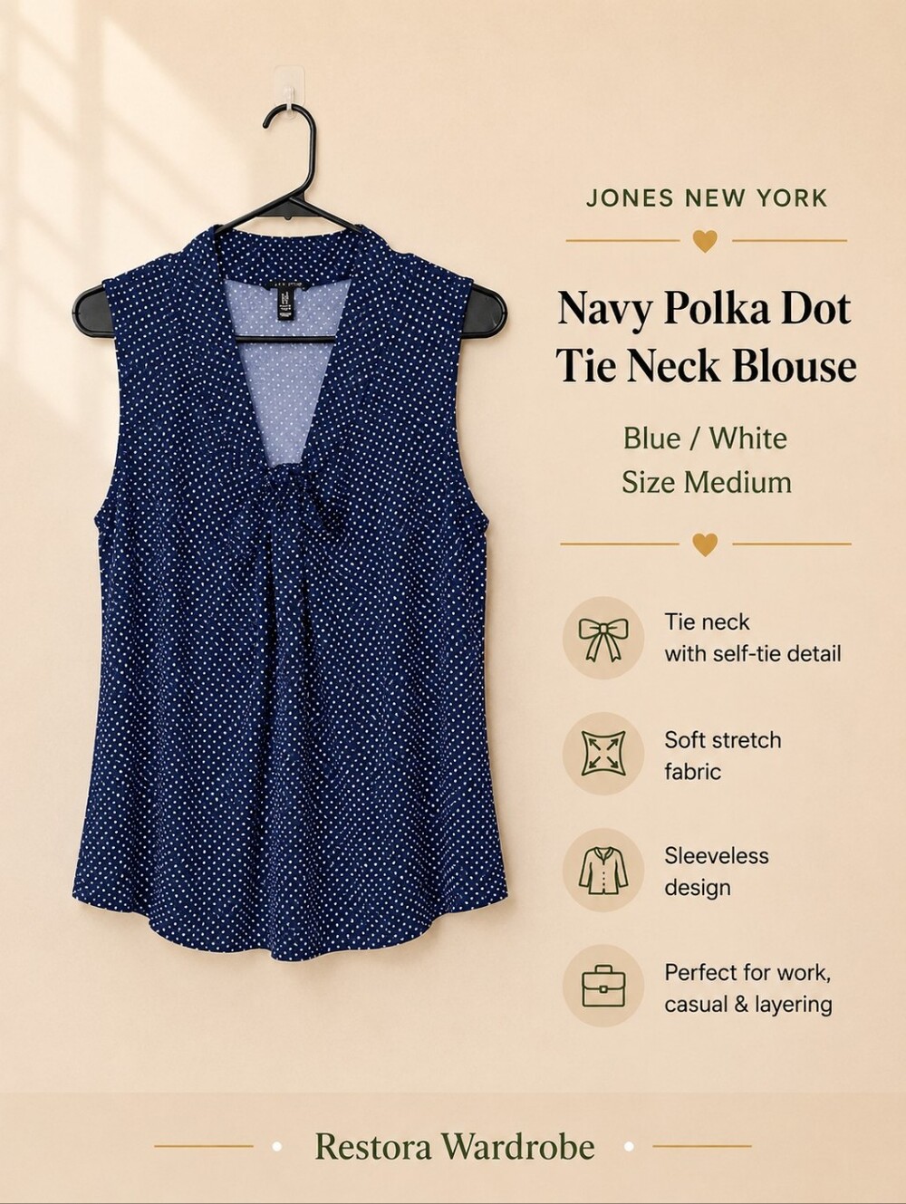 Jones New York Preppy Navy White Polka Dot Tie Neck Sleeveless Blouse M